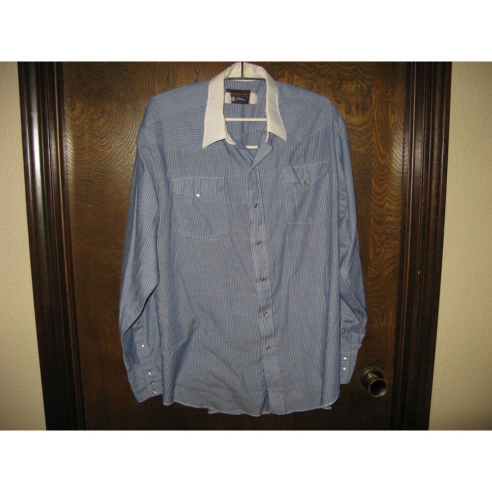 Panhandle Slim Mens Blue Striped LS Pearl Snap Western Shirt 16.5 Made In USA